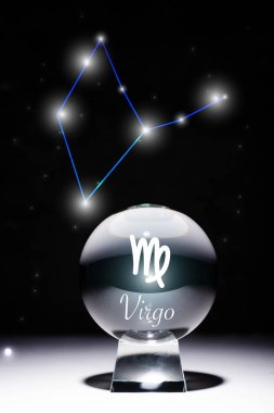 crystal ball with Virgo zodiac sign isolated on black with constellation clipart