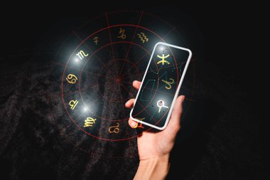 Siyah kadife kumaş üzerinde burç işaretli akıllı telefon tutan astrolog görüntüsü.