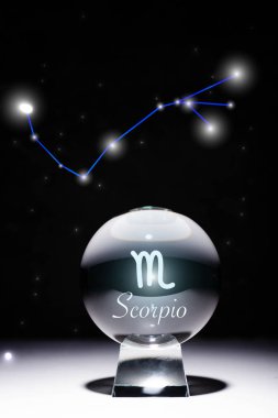 crystal ball with Scorpio zodiac sign isolated on black with constellation clipart