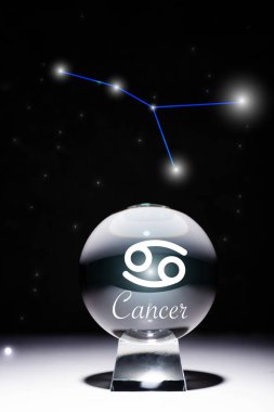crystal ball with Cancer zodiac sign isolated on black with constellation clipart