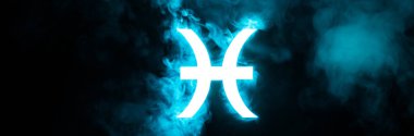 blue illuminated Pisces zodiac sign with smoke on background, panoramic shot clipart