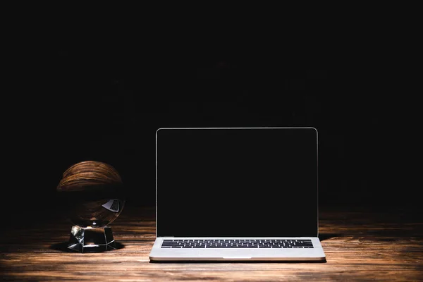 Crystal Ball Laptop Wooden Table Black Background — Stock Photo, Image