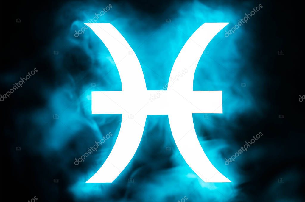 blue illuminated Pisces zodiac sign with smoke on background