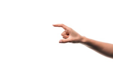 Beyazların üzerinde izole edilmiş bir şekilde el kol hareketi yapan kadın. 