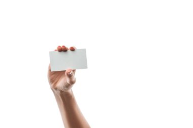 cropped view of woman holding blank card isolated on white  clipart