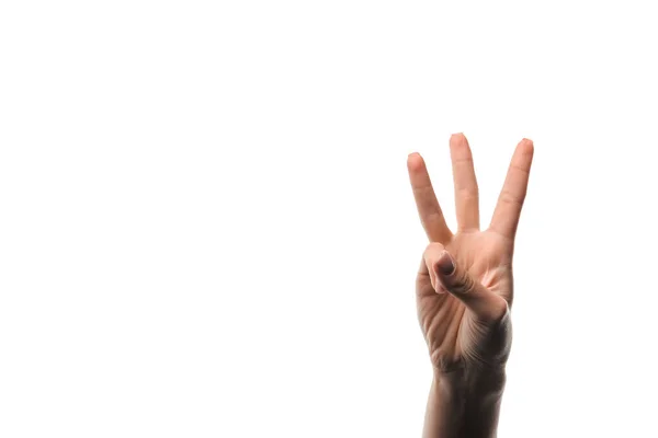 Cropped View Woman Showing Three Fingers Isolated White — Stock Photo, Image