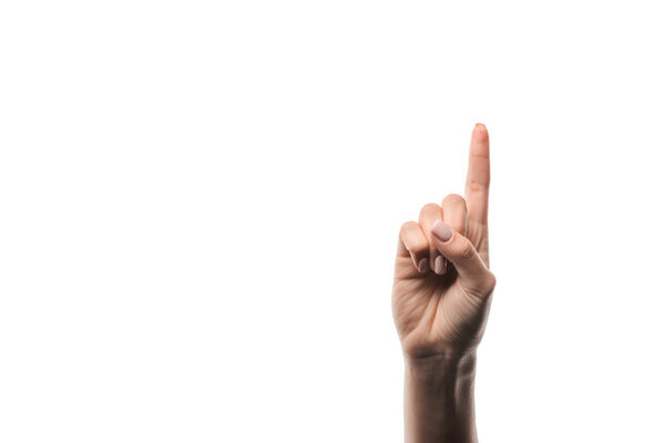 обрезанный вид женщины, показывающей идею знак изолирован на белом
 