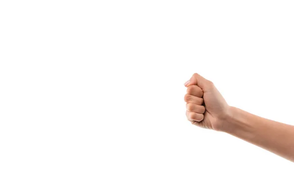 Recortado Vista Mujer Mostrando Puño Aislado Blanco — Foto de Stock