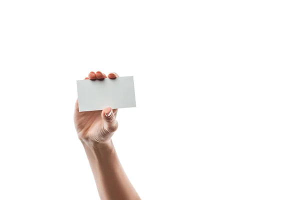 Cropped View Woman Holding Blank Card Isolated White — Stock Photo, Image