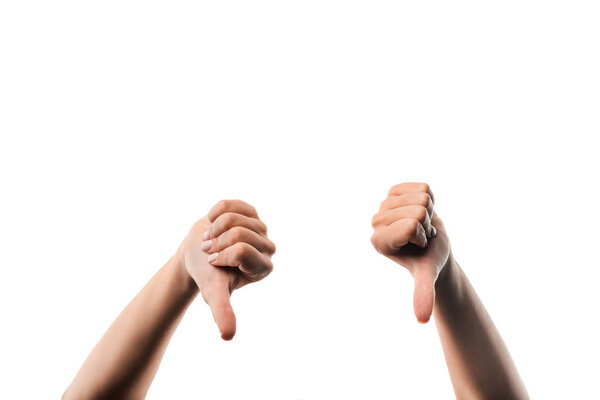 cropped view of woman showing thumbs down isolated on white 