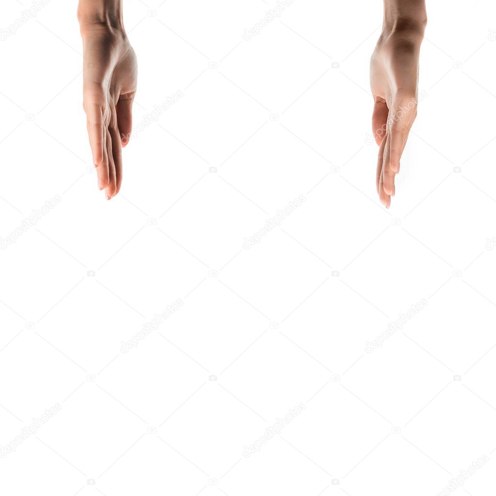 cropped view of woman with raising hands isolated on white 