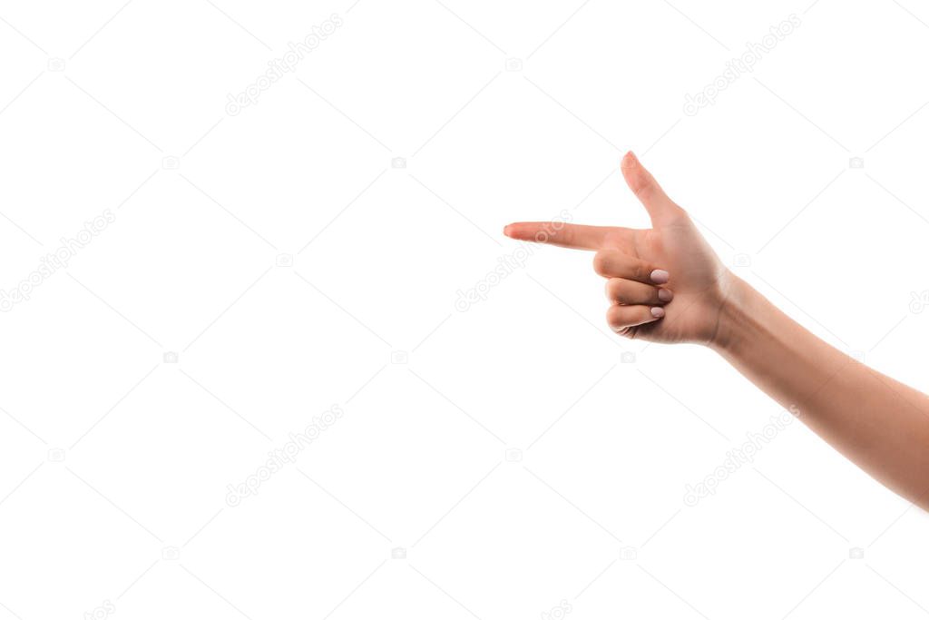 cropped view of girl pointing with finger isolated on white with copy space