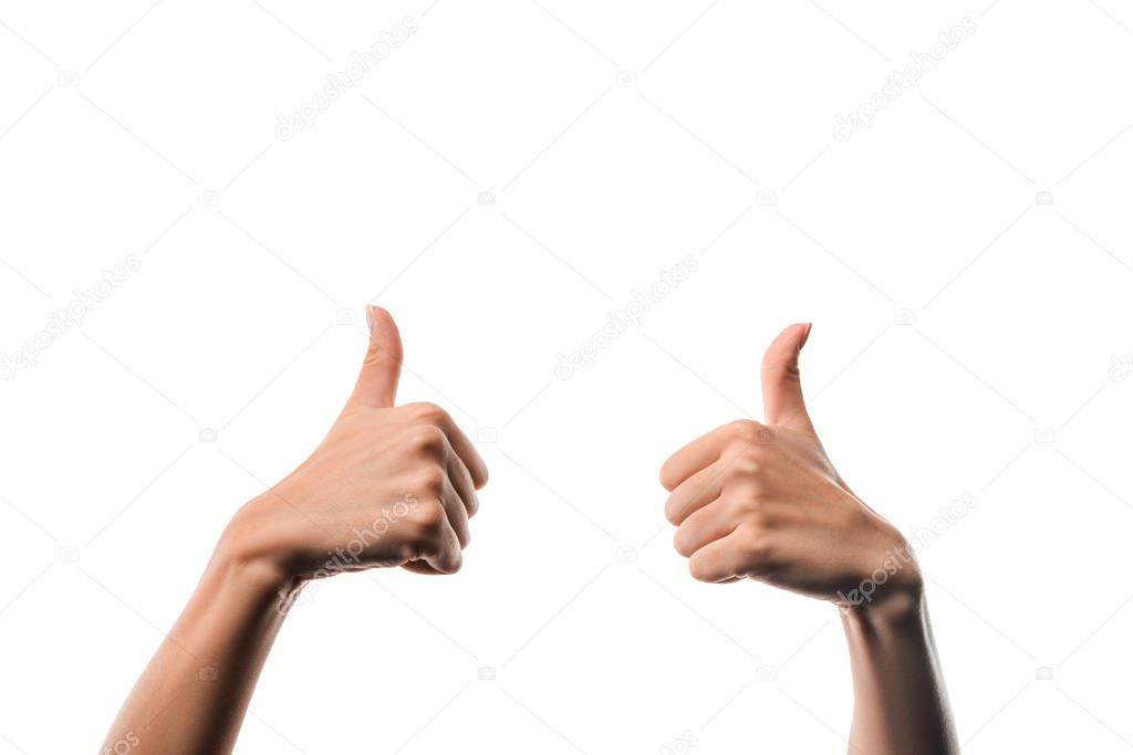 cropped view of woman showing thumbs up isolated on white 