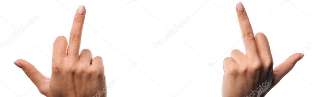 panoramic shot of woman showing middle fingers isolated on white