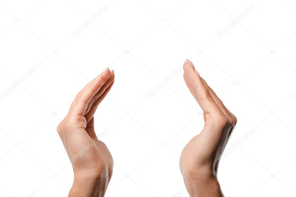 cropped view of woman showing cupped hands isolated on white 