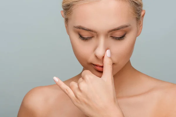 Beautiful Woman Closed Eyes Touching Nose Isolated Grey — Stock Photo, Image