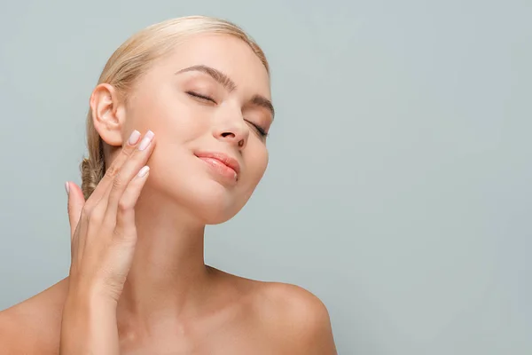 Happy Woman Touching Clean Face Isolated Grey — Stock Photo, Image