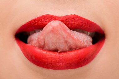 cropped view of girl with red lipstick licking lips isolated on white  clipart