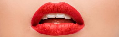 panoramic shot of young woman with red lipstick 