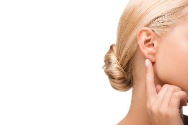 cropped view of blonde girl pointing with finger at ear isolated on white  clipart