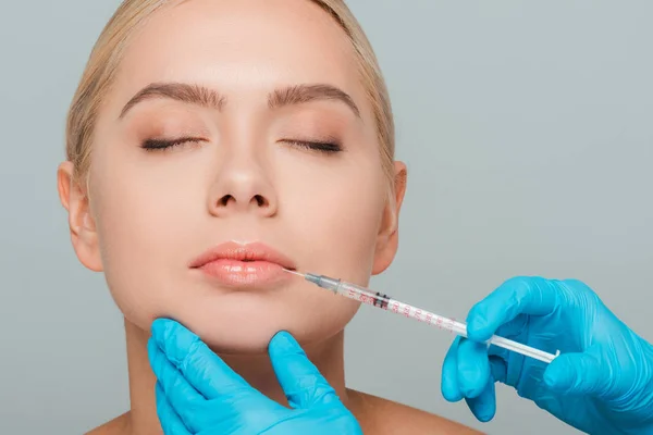 Cropped View Beautician Latex Gloves Holding Syringe Lips Young Woman — Stock Photo, Image