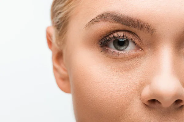 Abgeschnittene Ansicht Einer Jungen Frau Die Die Kamera Schaut Isoliert — Stockfoto