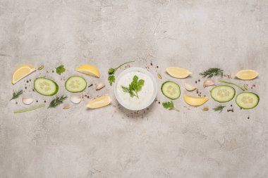 Tzatziki sosunun içeriği ve baharatları taştan arka planda üst görünümü