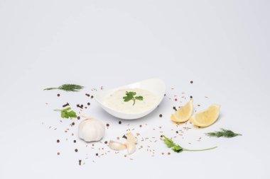 Kasede Tzatziki sosu ve beyaz arka planda baharatlar.