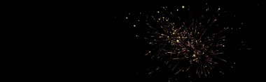 panoramic shot of festive fireworks on party, isolated on black clipart