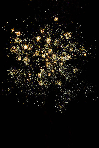 many golden fireworks in dark night sky, isolated on black