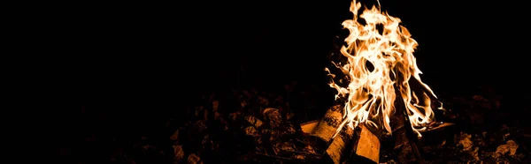 Panoramic Shot Flame Logs Camp Fire Darkness Night — Stock Photo, Image