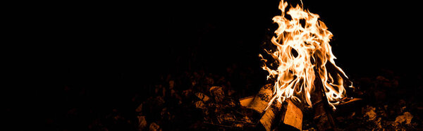 panoramic shot of flame and logs in camp fire in darkness in the night 