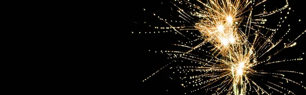 Panoramic Shot Yellow Traditional Fireworks Night Sky Isolated Black — Stock Photo, Image