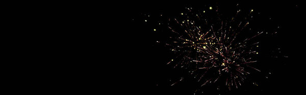 panoramic shot of festive fireworks on party, isolated on black