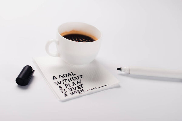 чашка кофе на бумажной салфетке с целью без плана просто желаем надпись, и войлочная ручка на белом столе
