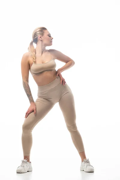 Twerk Girl Beige Leggings Posing Isolated White — Stock Photo, Image