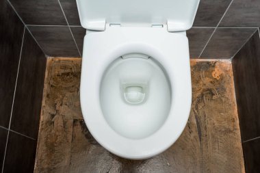 Modern tuvalette gri fayanslı ve tuvalet fırçalı seramik temiz klozet.