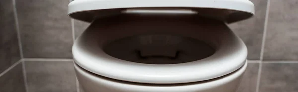 Ceramic Clean Toilet Bowl Modern Restroom Grey Tile Panoramic Shot — Stock Photo, Image