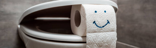 close up view of ceramic clean toilet bowl and toilet paper with smiley face in modern restroom , panoramic shot