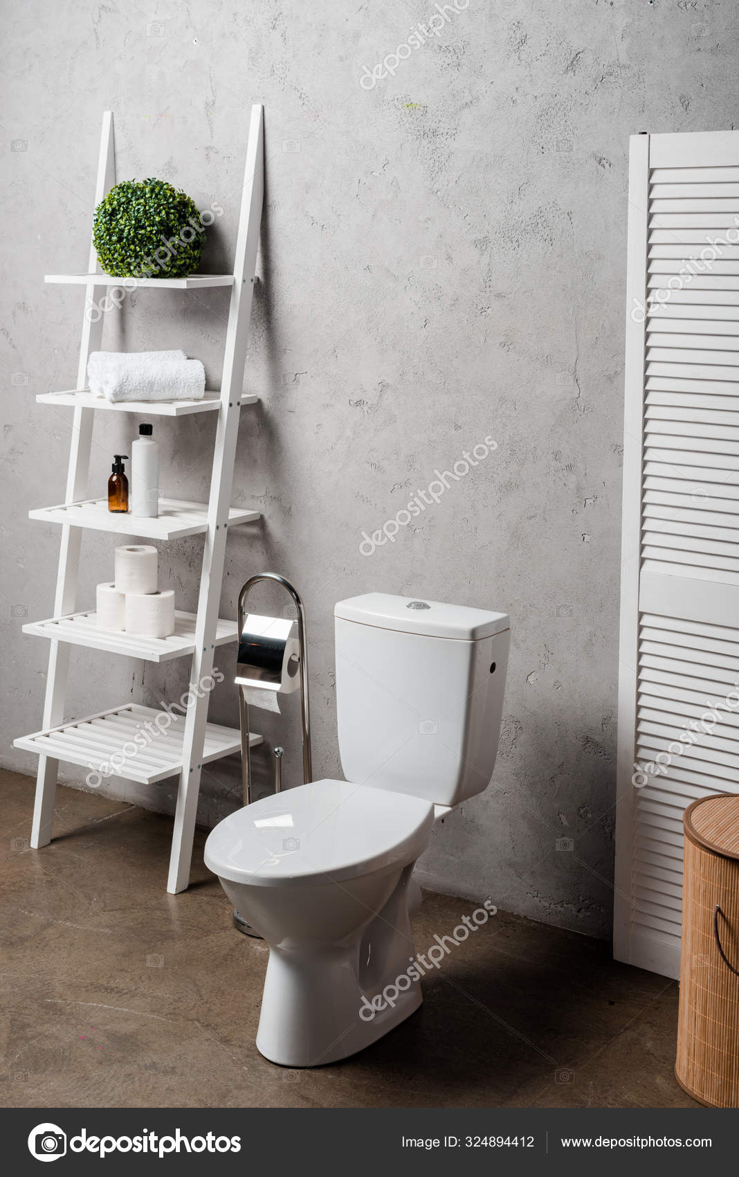 Interior Modern Bathroom Toilet Bowl Rack Cosmetics Towels Toilet Paper Stock Photo HayDmitriy 324894412