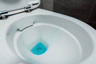 Modern tuvaletteki seramik temiz klozette gri fayanslı mavi sıvı deterjan manzarasını kapat.