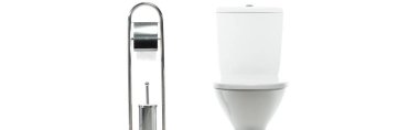 Seramik temiz klozet metal tezgahın yanında tuvalet kağıdı ve fırça beyaz, panoramik çekim izole