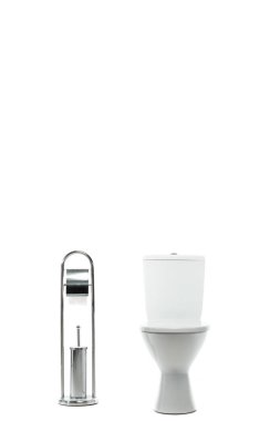 ceramic clean toilet bowl near metal stand with toilet paper and brush isolated on white clipart