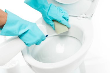Lastik eldivenli, çamaşır deterjanı ile klozet temizleyen ve beyaz süngerli bir adam.