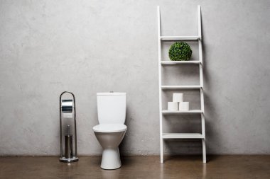 interior of modern restroom with toilet bowl, paper and brush near rack clipart