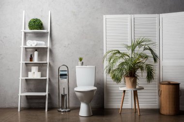 interior of modern bathroom with toilet bowl near rack with cosmetics, towels, toilet paper, laundry basket, palm tree and toilet brush clipart