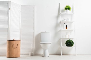 Beyaz, modern banyo. Tuvalet perdesi, çamaşır sepeti, raflar ve bitkilerin yanında.