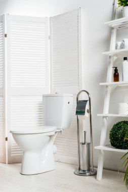 interior of white modern bathroom with toilet bowl near folding screen, rack and plants clipart
