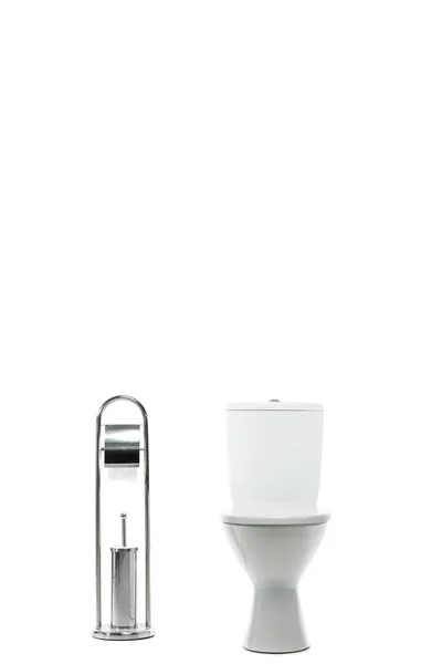 Seramik Temiz Klozet Metal Tezgahın Yanında Tuvalet Kağıdı Fırça Beyaza — Stok fotoğraf