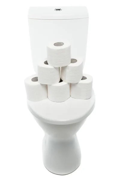 Keramik Saubere Toilettenschüssel Mit Rollen Toilettenpapier Isoliert Auf Weiß — Stockfoto